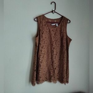 Isaac Mizrahi Blouse Women Large Brown Tank Top Lace Elegant Office Academia Y2K